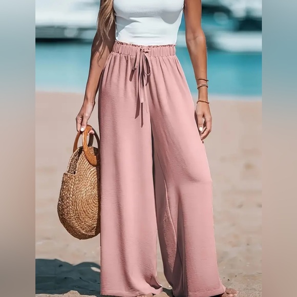 Long Length Elegant Wide Leg Pants - Soft Polyester, Fake Drawstring, Loose Fit - Picture 2 of 3